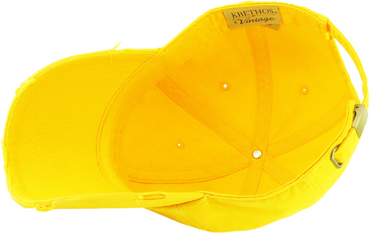 Yellow Distressed Vintage Baseball Cap Inside Turned Over View